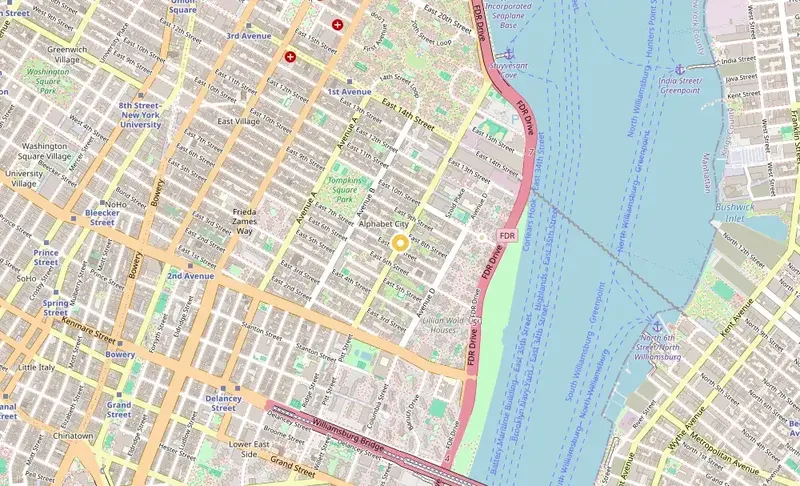 Map of weed delivery coverage in Alphabet City, Manhattan from Cannadreams NYC at 862 9th Ave