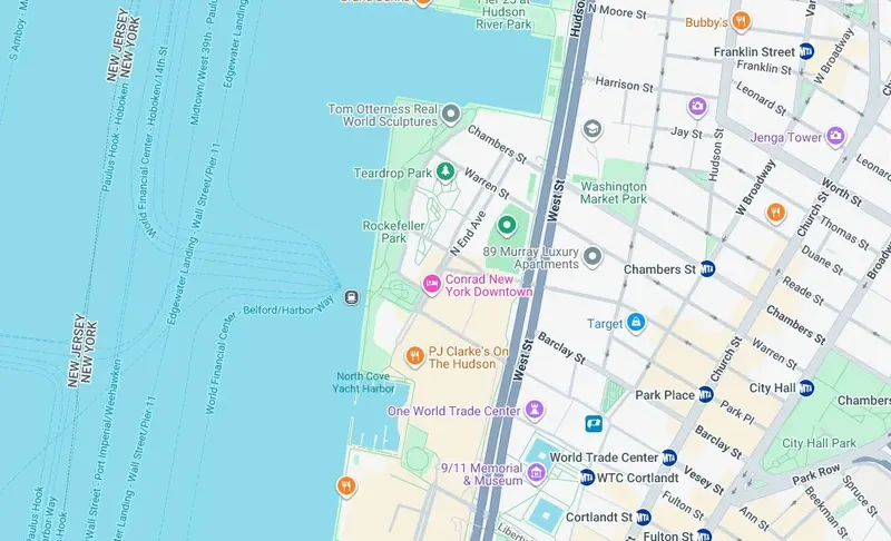 Map of weed delivery coverage in Battery Park City, Manhattan from Cannadreams NYC at 862 9th Ave