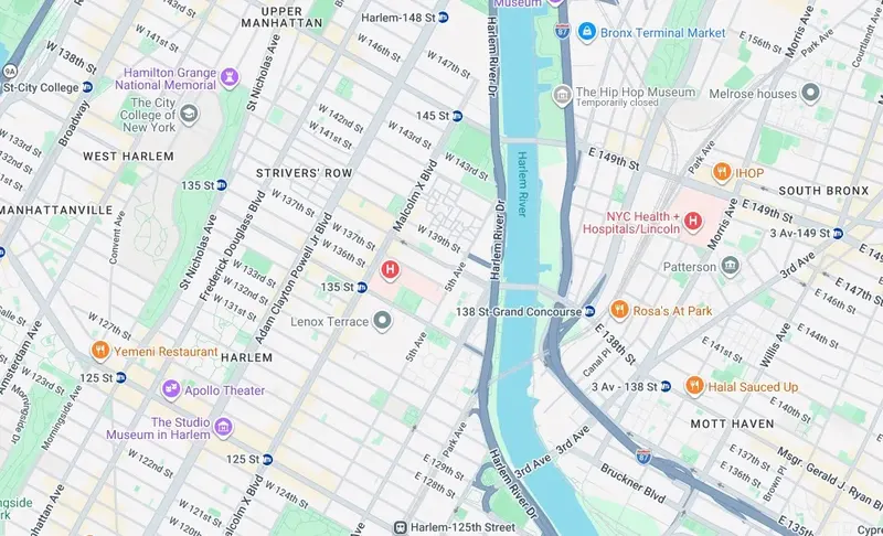 Map of weed delivery coverage in Central Harlem East, Manhattan from Cannadreams NYC at 862 9th Ave