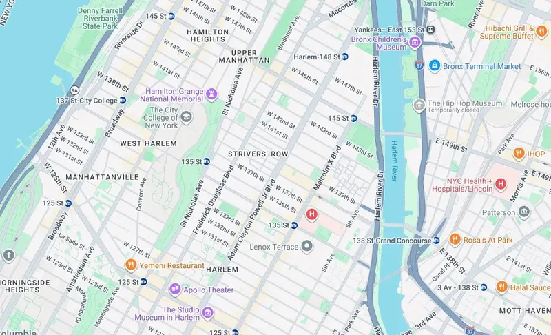 Map of weed delivery coverage in Central Harlem West, Manhattan from Cannadreams NYC at 862 9th Ave