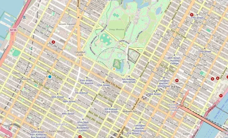 Map of weed delivery coverage in Central Park South, Manhattan from Cannadreams NYC at 862 9th Ave