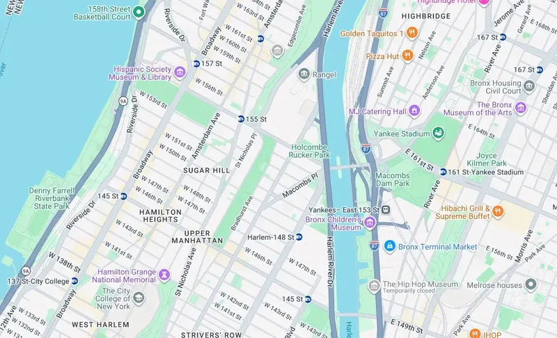 Map of weed delivery coverage in the Colonial Park area, Manhattan from Cannadreams NYC at 862 9th Ave