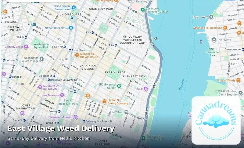 Map of weed delivery coverage in East Village, Manhattan from Cannadreams NYC at 862 9th Ave