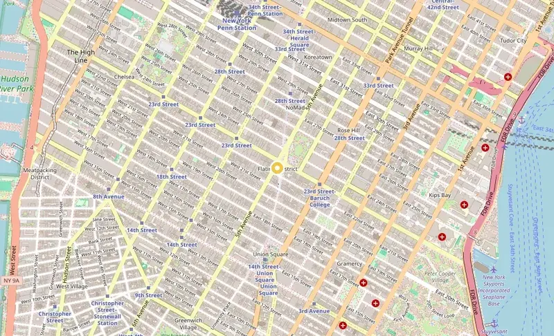 Map of weed delivery coverage in Flatiron District, Manhattan from Cannadreams NYC at 862 9th Ave