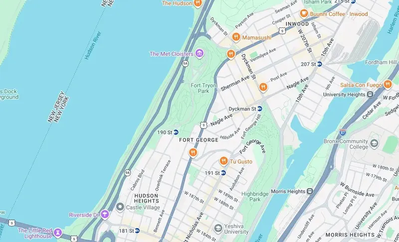 Map of weed delivery coverage in Fort George, Manhattan from Cannadreams NYC at 862 9th Ave
