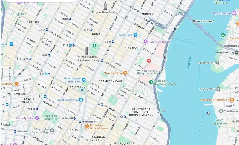 Map of weed delivery coverage in Gramercy, Manhattan from Cannadreams NYC at 862 9th Ave