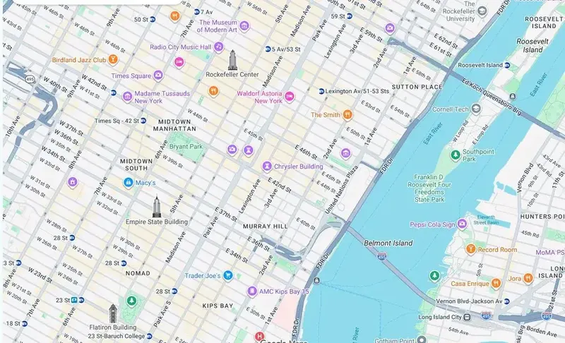 Map of weed delivery coverage in Grand Central, Manhattan from Cannadreams NYC at 862 9th Ave
