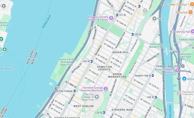 Map of weed delivery coverage in Hamilton Heights, Manhattan from Cannadreams NYC at 862 9th Ave