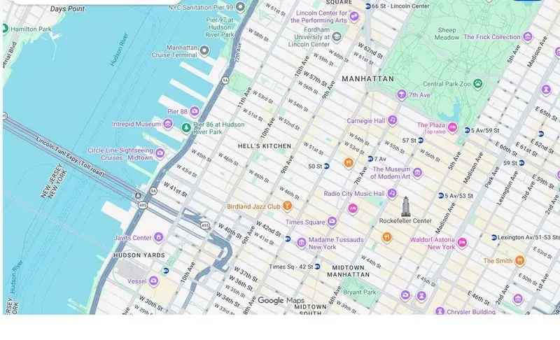 Map of weed delivery coverage in Hell's Kitchen, Manhattan from Cannadreams at 862 9th Ave