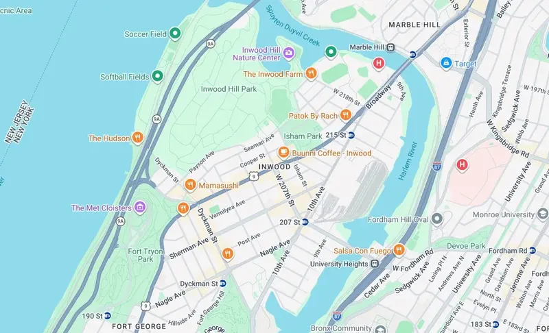 Map of weed delivery coverage in Inwood, Manhattan from Cannadreams NYC at 862 9th Ave