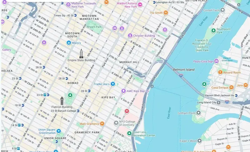 Map of weed delivery coverage in Murray Hill, Manhattan from Cannadreams NYC at 862 9th Ave