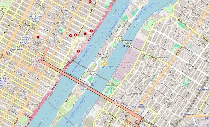Map of weed delivery coverage in Roosevelt Island, Manhattan from Cannadreams NYC at 862 9th Ave