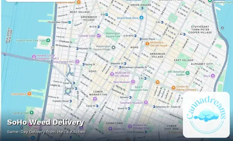 Map of weed delivery coverage in SoHo, Manhattan from Cannadreams NYC at 862 9th Ave