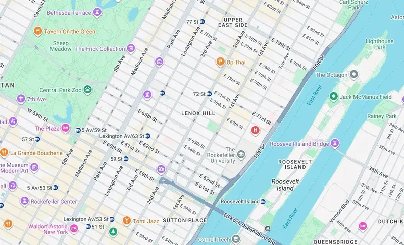 Map of weed delivery coverage in the Upper East Side, Manhattan from Cannadreams NYC at 862 9th Ave