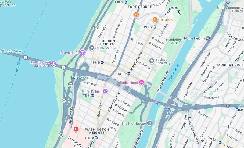 Map of weed delivery coverage in Washington Heights North, Manhattan from Cannadreams NYC at 862 9th Ave