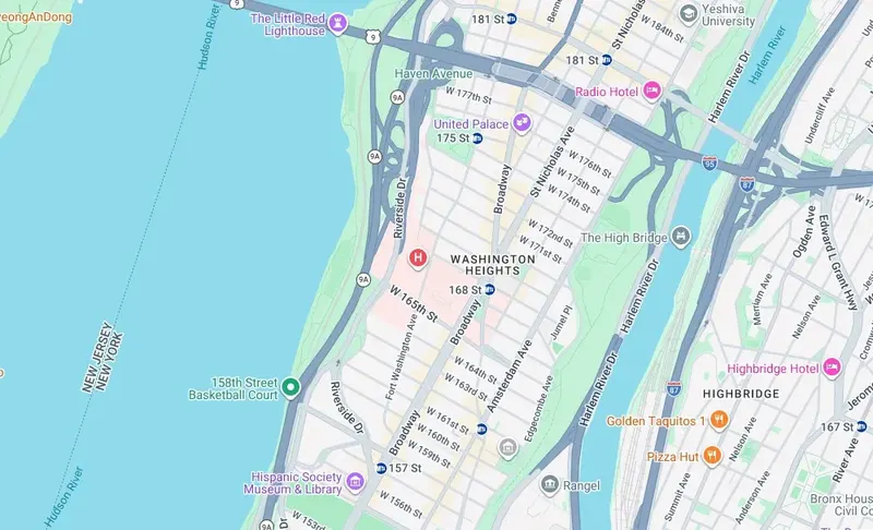 Map of weed delivery coverage in Washington Heights South, Manhattan from Cannadreams NYC at 862 9th Ave