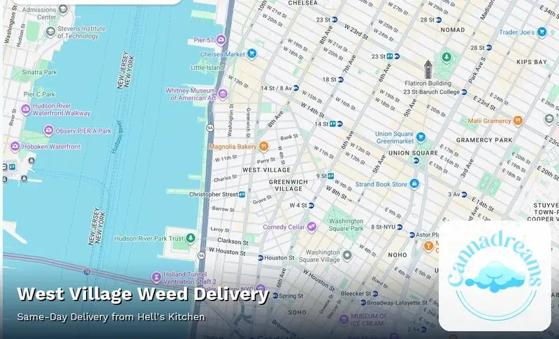 Map of weed delivery coverage in West Village, Manhattan from Cannadreams NYC at 862 9th Ave