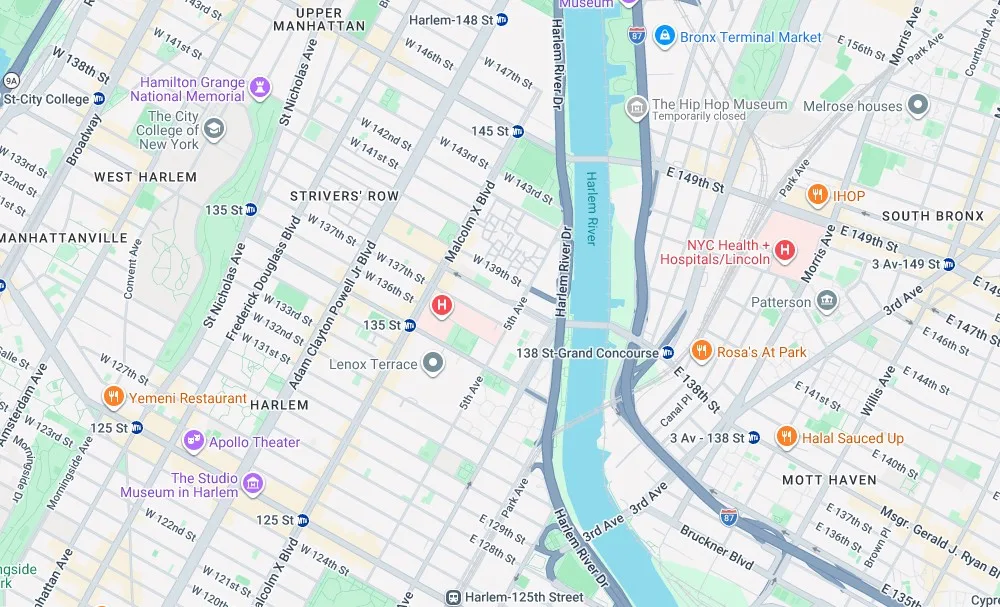 Map of weed delivery coverage in Central Harlem East, Manhattan from Cannadreams NYC at 862 9th Ave