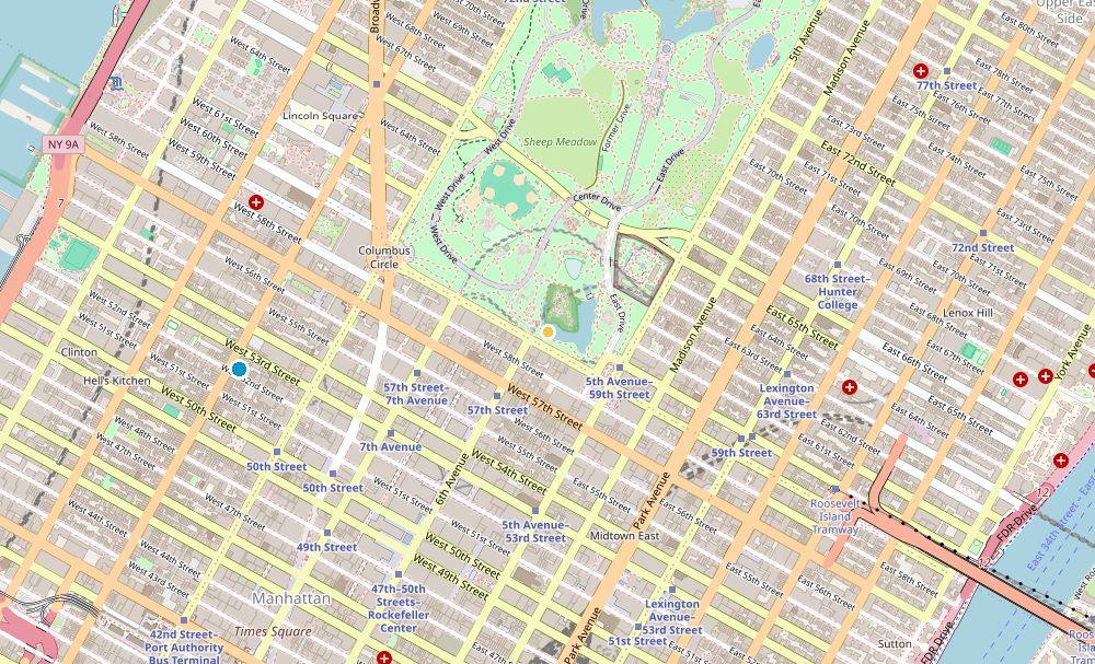Map of weed delivery coverage in Central Park South, Manhattan from Cannadreams NYC at 862 9th Ave