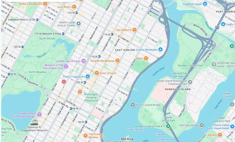 Map of weed delivery coverage in East Harlem, Manhattan from Cannadreams NYC at 862 9th Ave