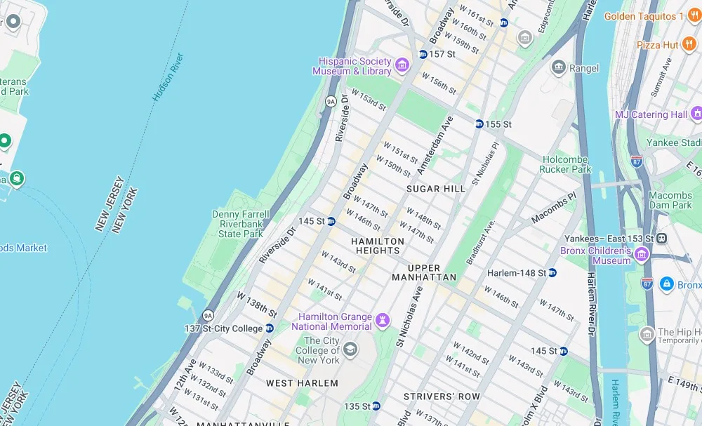 Map of weed delivery coverage in Hamilton Heights, Manhattan from Cannadreams NYC at 862 9th Ave