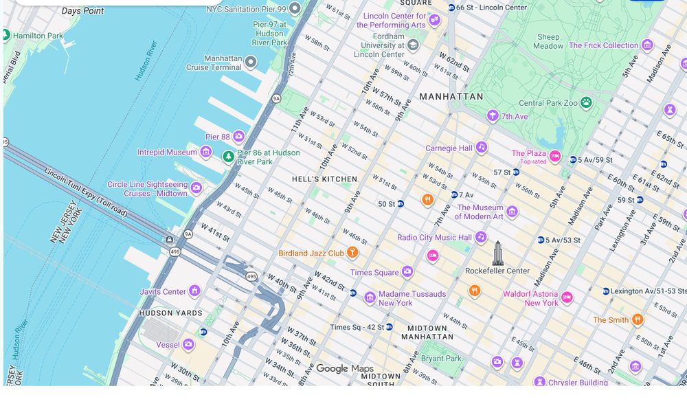 Map of weed delivery coverage in Hell's Kitchen, Manhattan from Cannadreams at 862 9th Ave