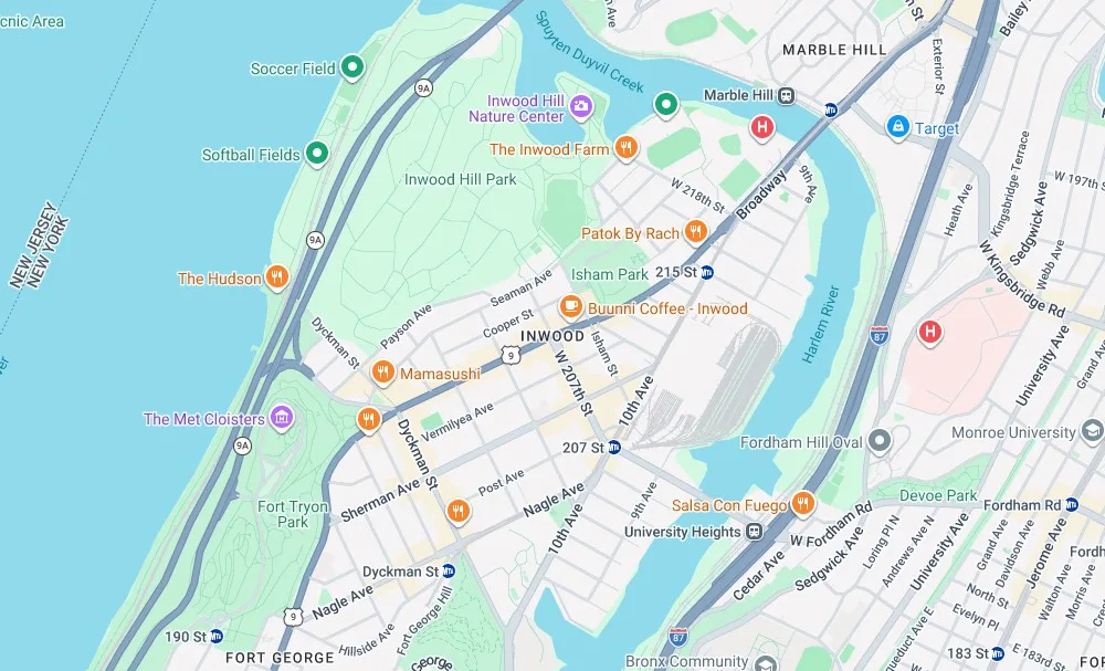 Map of weed delivery coverage in Inwood, Manhattan from Cannadreams NYC at 862 9th Ave