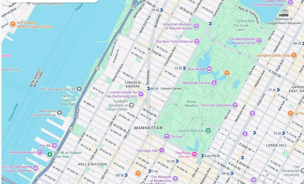 Map of weed delivery coverage in Lincoln Square, Manhattan from Cannadreams at 862 9th Ave
