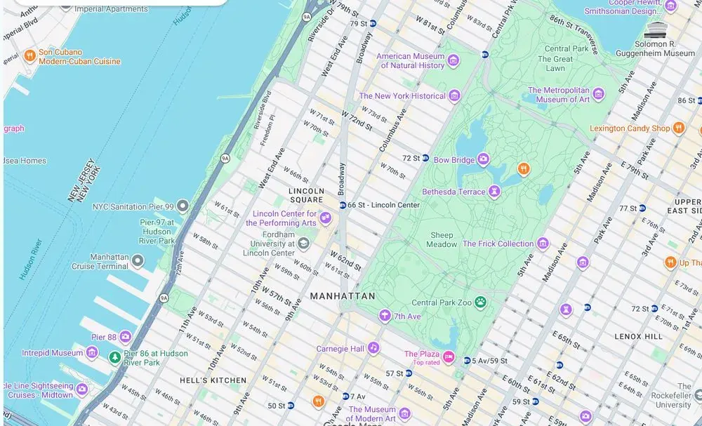 Map of weed delivery coverage in Lincoln Square, Manhattan from Cannadreams at 862 9th Ave