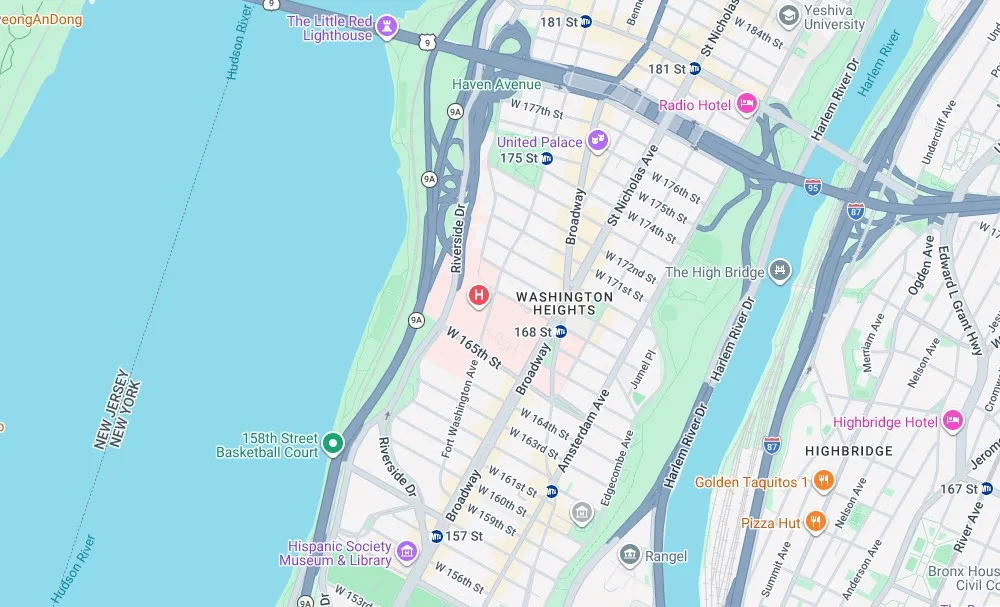 Map of weed delivery coverage in Washington Heights South, Manhattan from Cannadreams NYC at 862 9th Ave