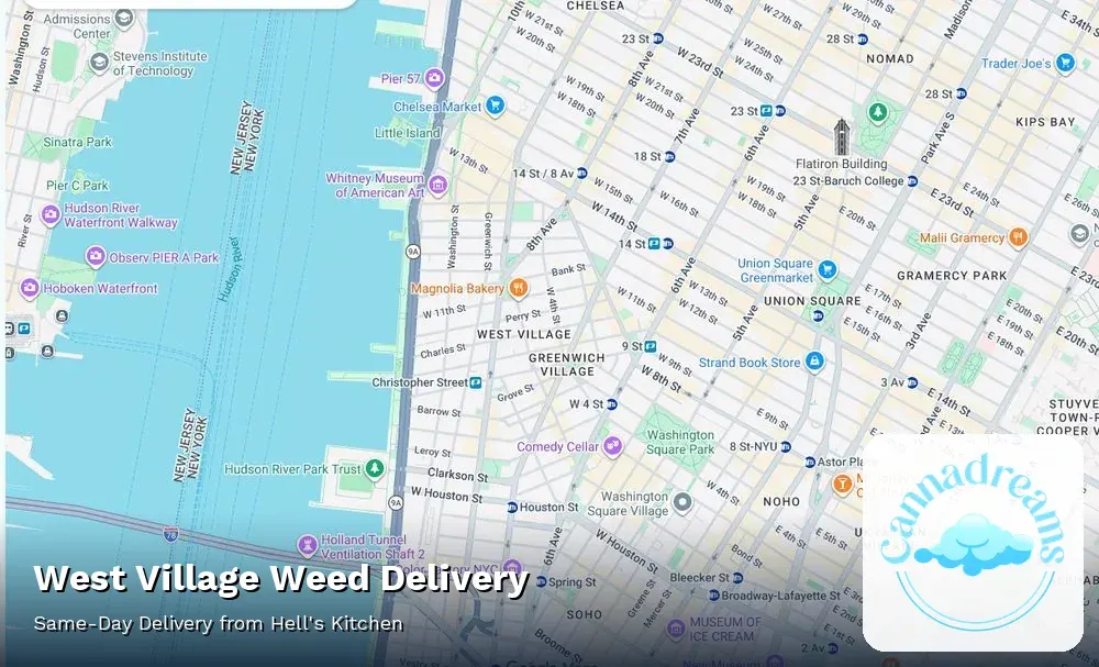 Map of weed delivery coverage in West Village, Manhattan from Cannadreams NYC at 862 9th Ave