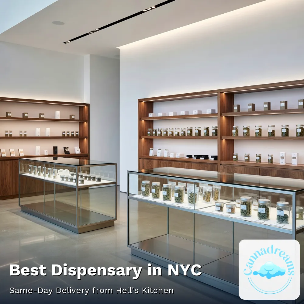Modern licensed dispensary interior with glass display counters, Cannadreams at 862 9th Ave, Manhattan