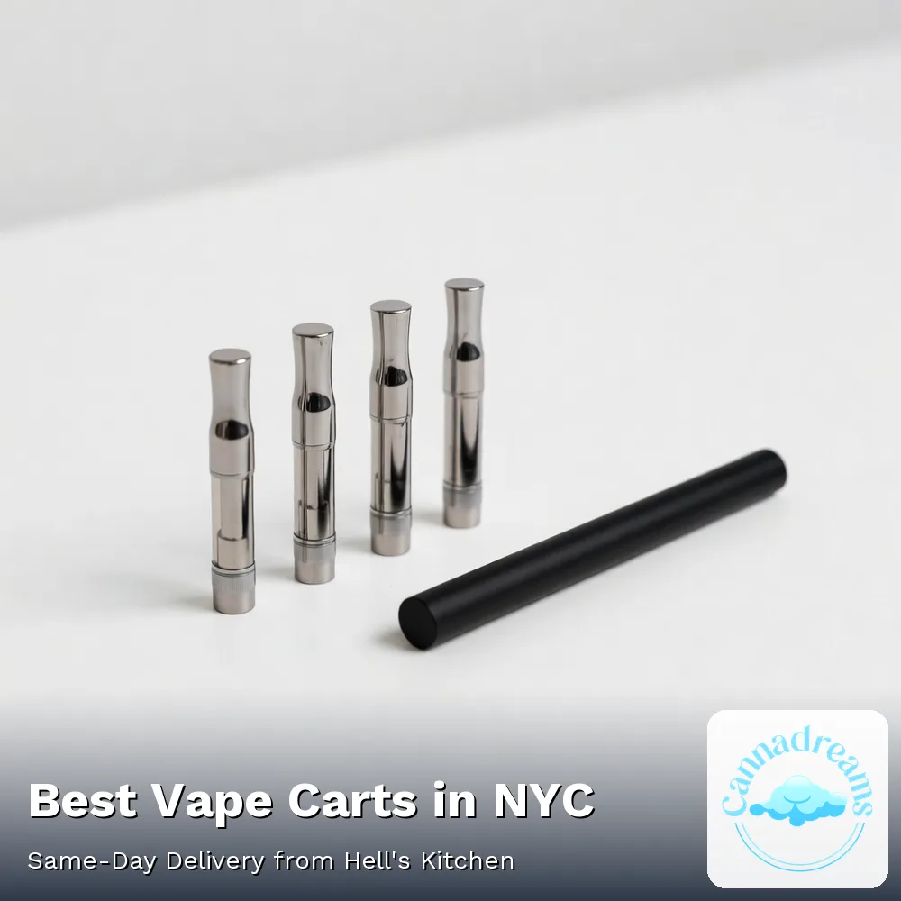 Vape cartridges and a vape pen from the carts and pods menu at Cannadreams in Hell's Kitchen, Manhattan
