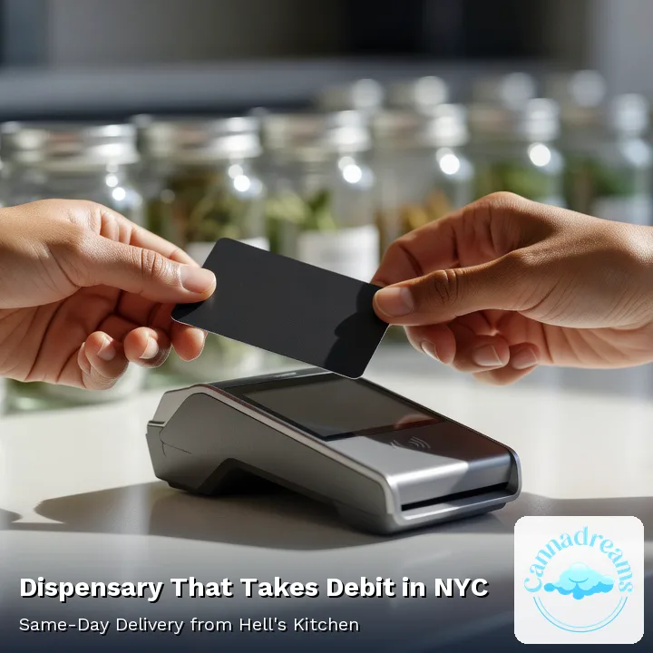 Customer tapping a debit card on the payment terminal at the Cannadreams counter, 862 9th Ave, Manhattan