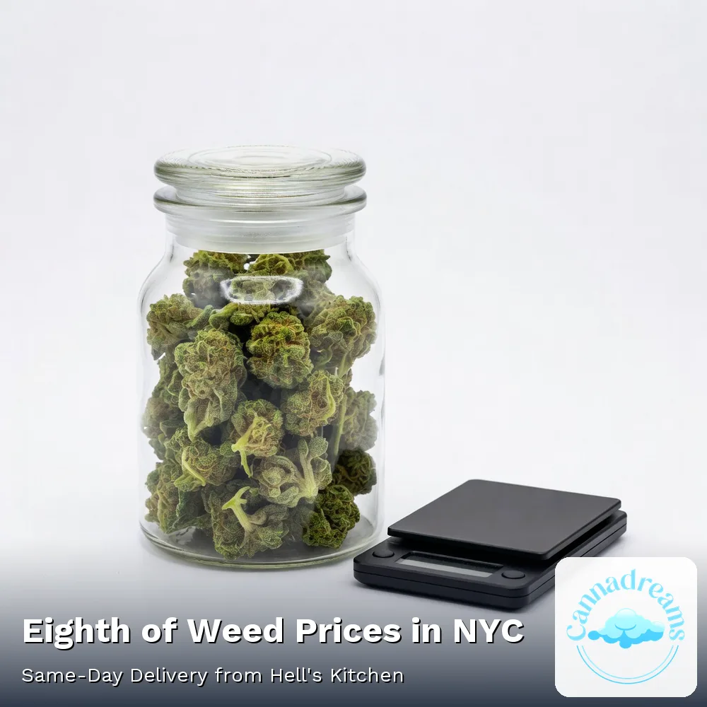 Jar of cannabis flower and a scale illustrating eighth of weed prices at Cannadreams, 862 9th Ave, Hell's Kitchen, Manhattan