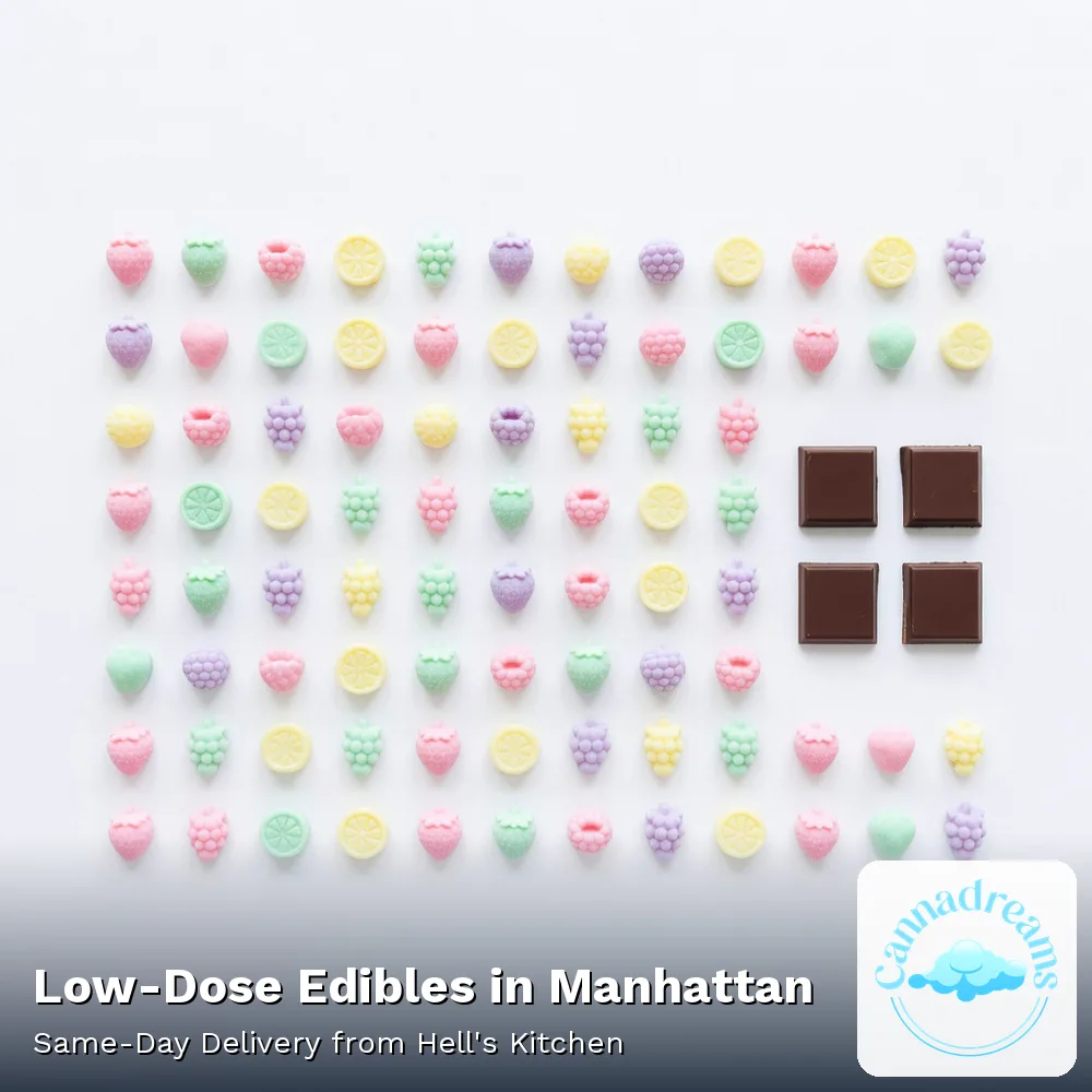 Low-dose 5mg THC gummies and chocolate pieces from the Cannadreams edibles shelf in Hell's Kitchen, Manhattan