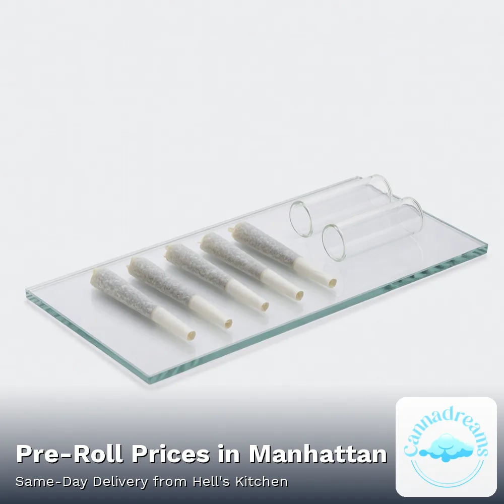 Row of pre-rolled joints on a tray showing the pre-roll case at Cannadreams, 862 9th Ave, Manhattan