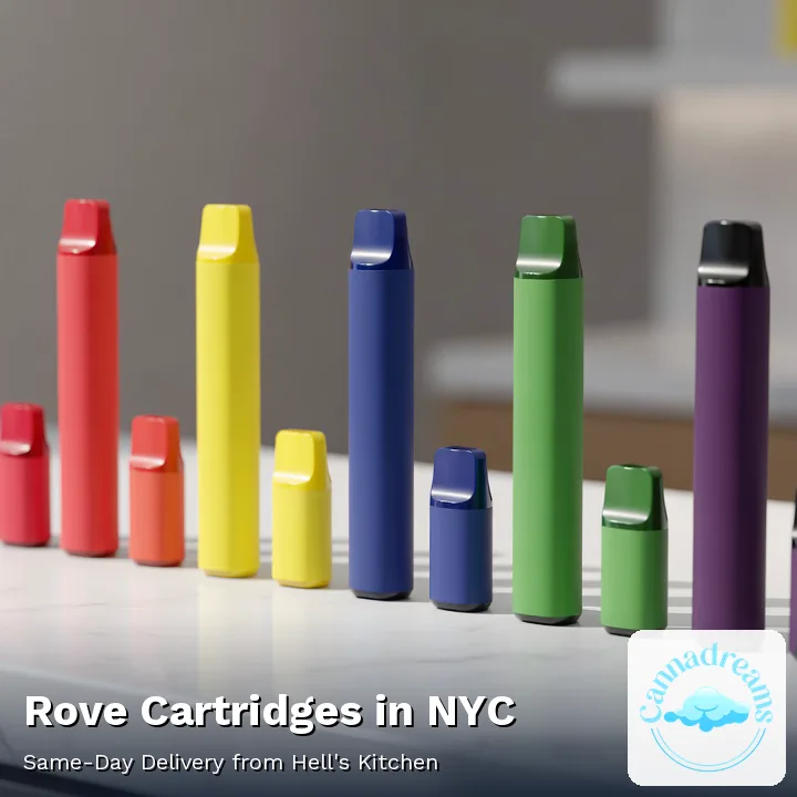 Row of Rove all-in-one vape pens and pods on the counter at Cannadreams, 862 9th Ave, Manhattan