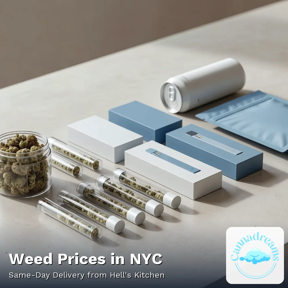 Cannabis flower, pre-rolls, vapes, an edible pouch and a THC seltzer laid out on a counter at Cannadreams, the licensed dispensary at 862 9th Ave in Hell's Kitchen, Manhattan
