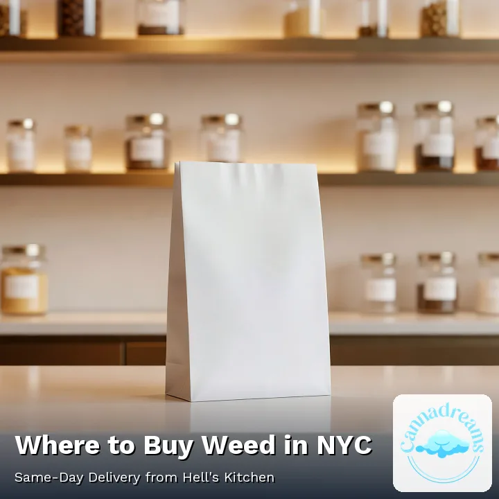 A licensed New York dispensary counter with a paper bag of cannabis products, Cannadreams at 862 9th Ave in Hell's Kitchen, Manhattan