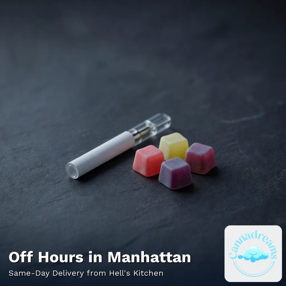 Off Hours cannabis gummies and half-gram vape pen for same-day delivery in Manhattan from Cannadreams, 862 9th Ave, Hell's Kitchen