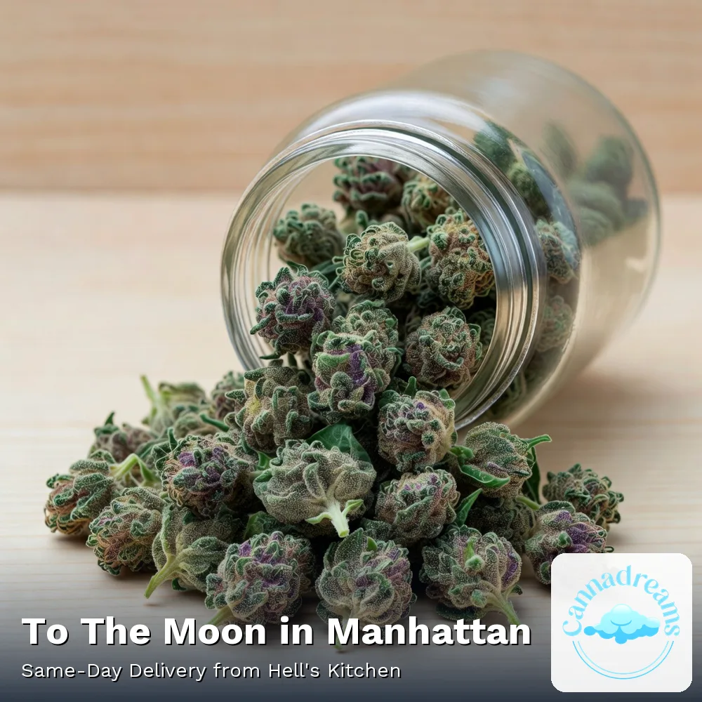 To The Moon cannabis flower in a glass jar for same-day delivery in Manhattan from Cannadreams, 862 9th Ave, Hell's Kitchen