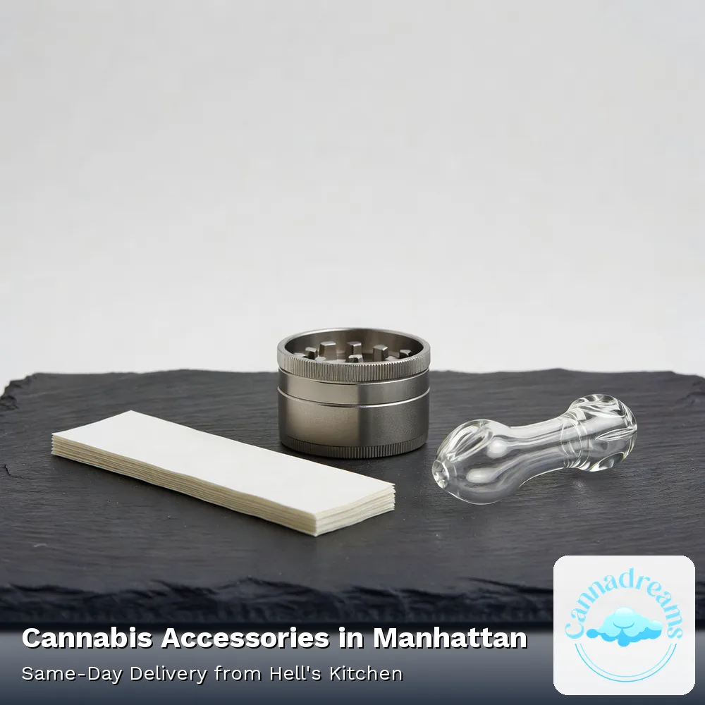 Cannabis accessories in Manhattan, grinder, papers and pipe from Cannadreams, same-day delivery from Hell's Kitchen