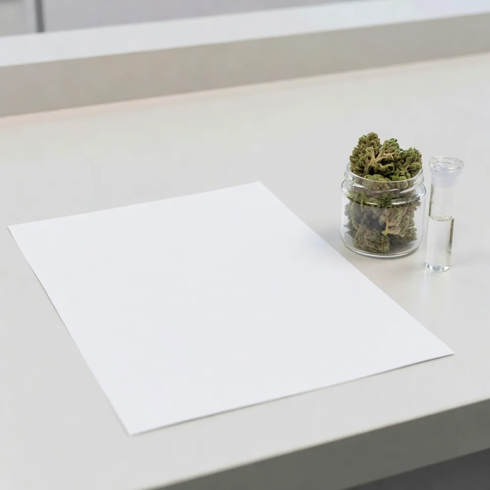 A blank lab report sheet beside a jar of cannabis flower and a test vial on a clinical counter