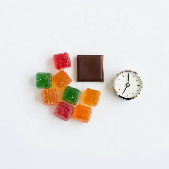 Cannabis gummies and a chocolate square beside a clock on a white background