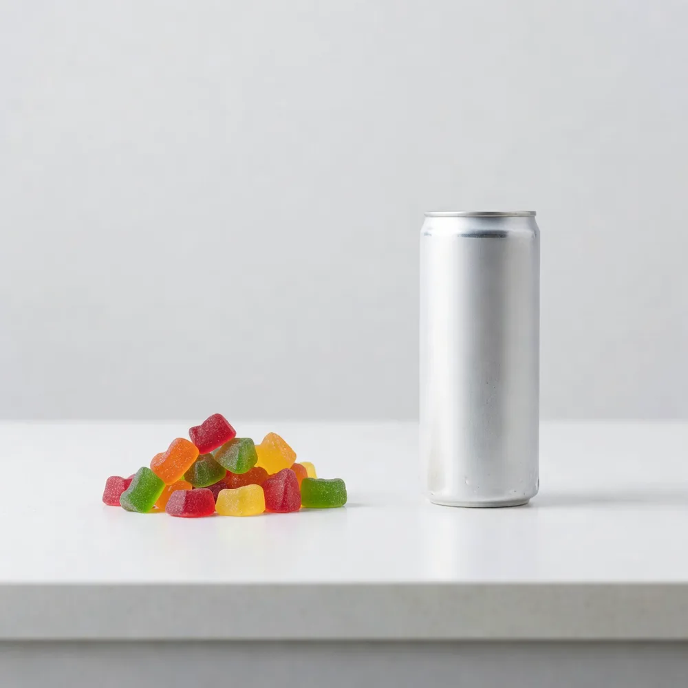 A pile of colorful cannabis gummies beside a plain unlabeled slim beverage can on a white surface