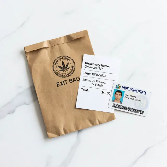 Licensed New York cannabis dispensary exit bag, receipt, and ID on a marble counter
