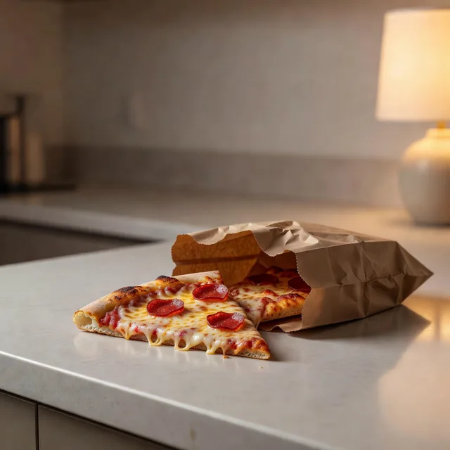 A late-night spread of New York snacks including a pizza slice and a bodega bag on a kitchen counter