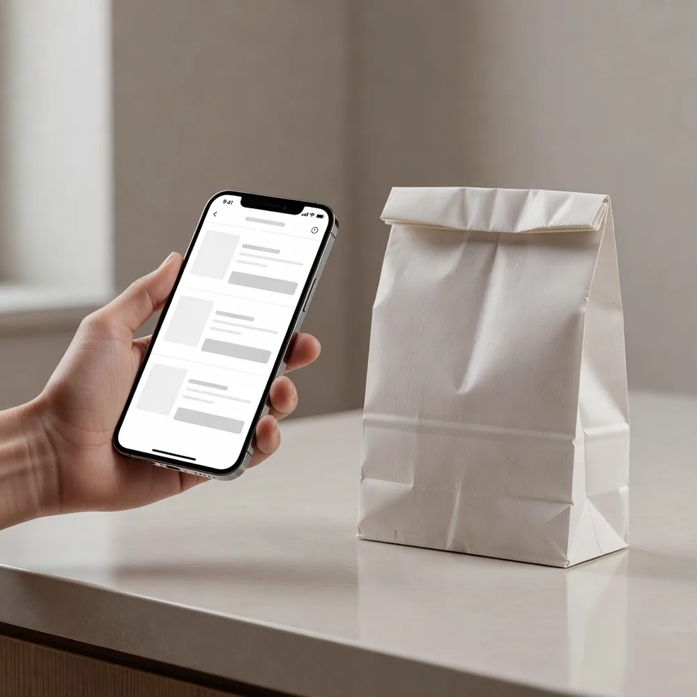 A phone showing an ordering screen beside a plain delivery bag on a Manhattan doorstep