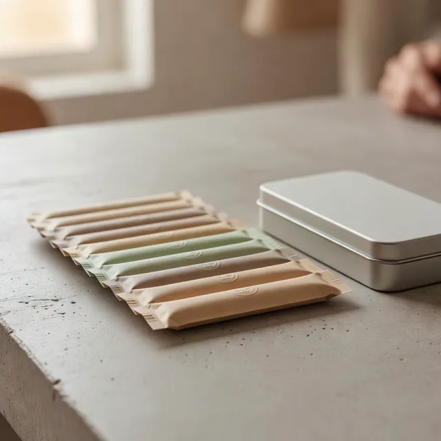 A neat row of packaged cannabis pre-rolls and a multipack tin on a concrete surface